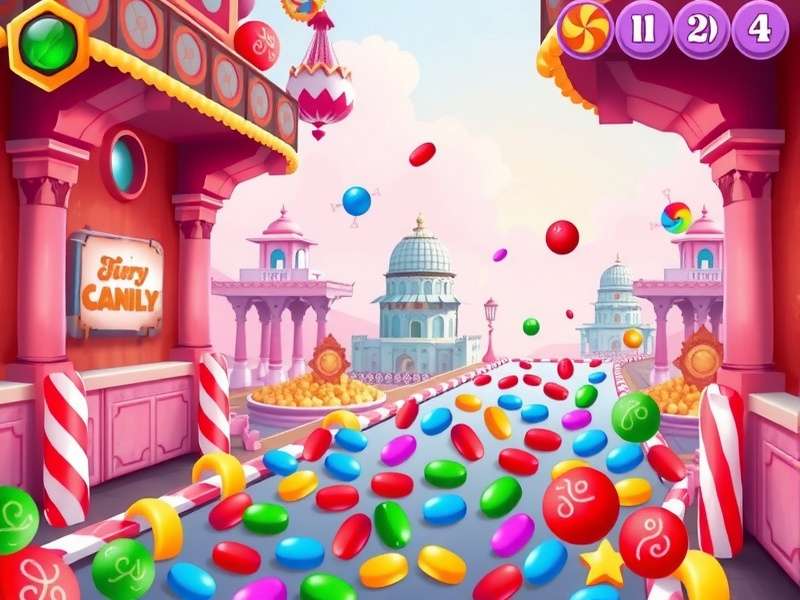 Candy Rush Rally game screen showing colorful candies in India theme